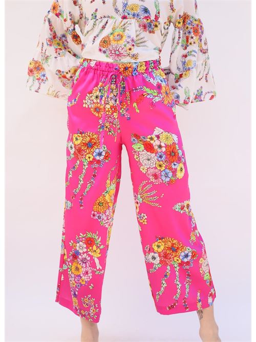 Pantalone seta fucsia con fiori Laboratorio Capri | TEOPESCIFUXIA